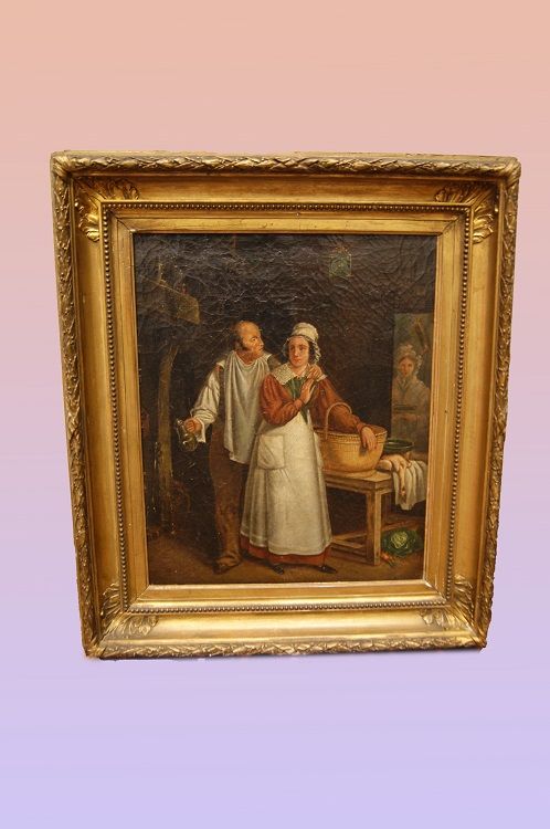 Antico dipinto del 1800 francese Scena di interni
