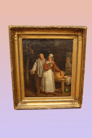 Antique French oil painting from the 1800s. Interior scene