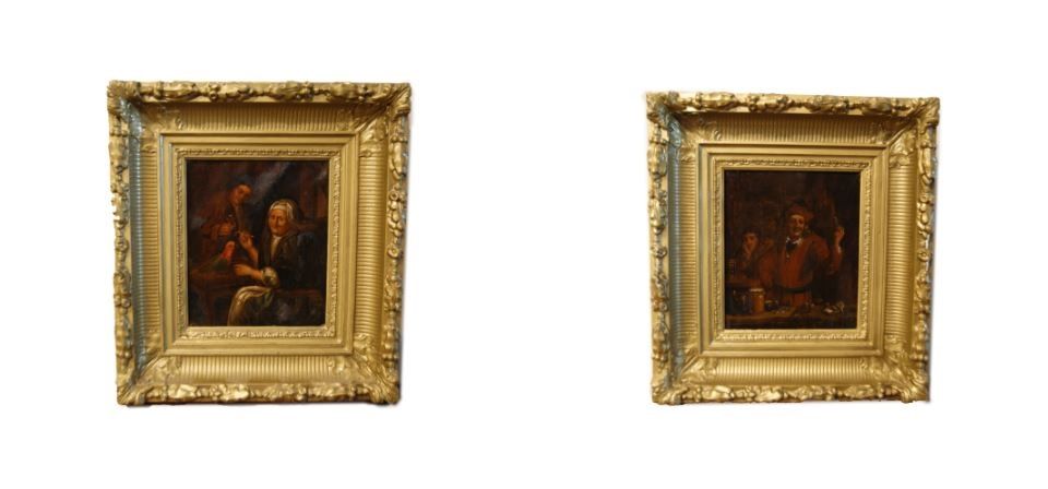 Coppia di antichi quadri piccoli scena di interni del 1800