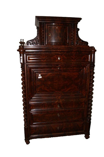 Secretaire Biedermeier in mogano e piuma di mogano