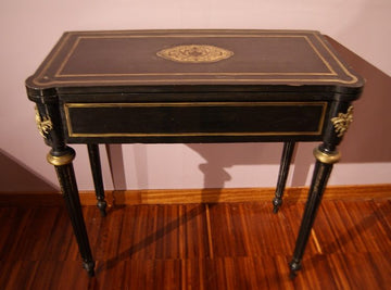 Antico tavolino da gioco stile Boulle del 1800 ebanizzato con intarsi