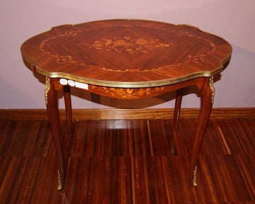 19th century French Louis XV coffee table with floral inlays and bronzes
