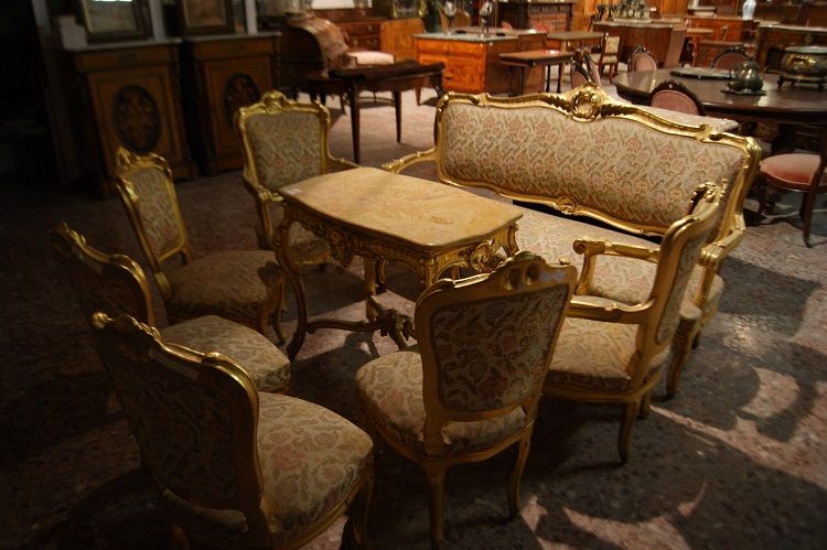 Antico salotto 10 pezzi del 1800 Luigi XV francese dorato foglia oro