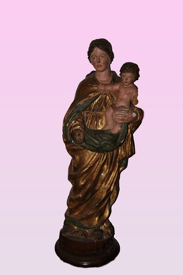 Sculpture italienne ancienne en bois de 1600 1700 Madone avec Jésus