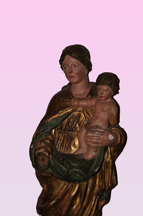 Antica scultura in legno italiana del 1600 1700 Madonna con Gesù