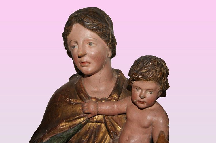 Antica scultura in legno italiana del 1600 1700 Madonna con Gesù