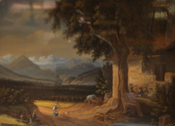 Aquarelle française ancienne de 1800 Paysage avec personnages