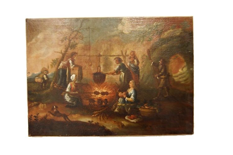 Olio su tela del 1700 Italiano Focolare con personaggi 