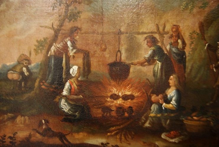 Olio su tela del 1700 Italiano Focolare con personaggi 