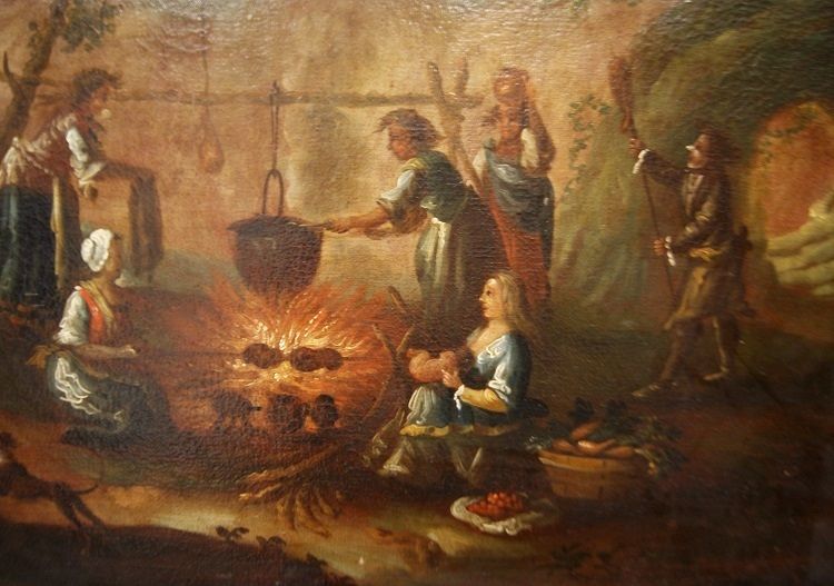 Olio su tela del 1700 Italiano Focolare con personaggi 