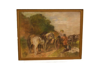 Tableau ancien au pastel représentant un char avec des personnages