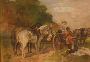 Ancient pastel painting depicting a chariot with characters