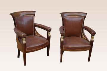 Groupe de trois fauteuils Empire à bronzes et cariatides d'époque 19ème siècle