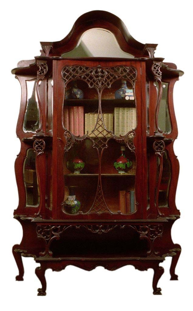 Cabinet ingese del 1800 in mogano stile Liberty con intagli 19thcentury