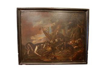 Paire de huiles sur toile italiens du XVIIème siècle Scènes de chasse