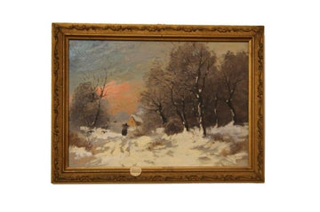 Ancient oil on panel depicting a landscape with a snowy forest