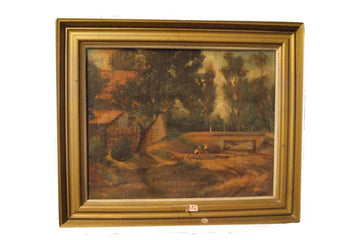 Huile sur toile française des années 1900 signée Paysage de campagne
