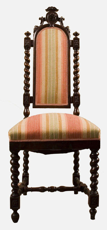 Groupe de 7 chaises italiennes anciennes du 19ème siècle en bois de noyer capitonné