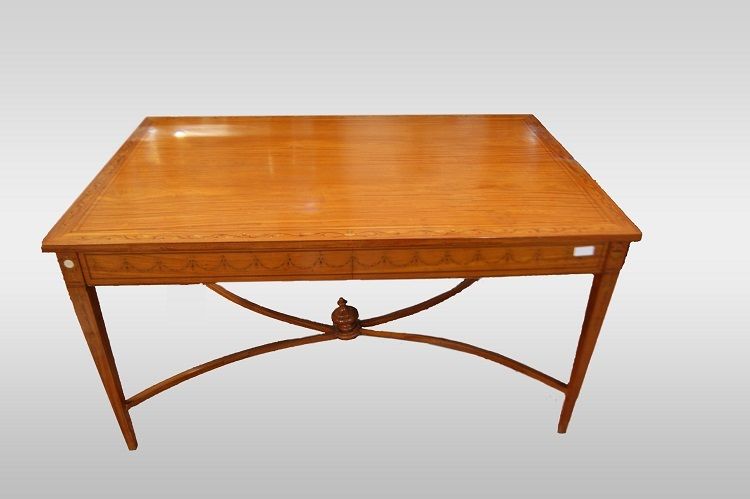 Tavolo scrittoio stile Sheraton inglese del 1800 in satinwood