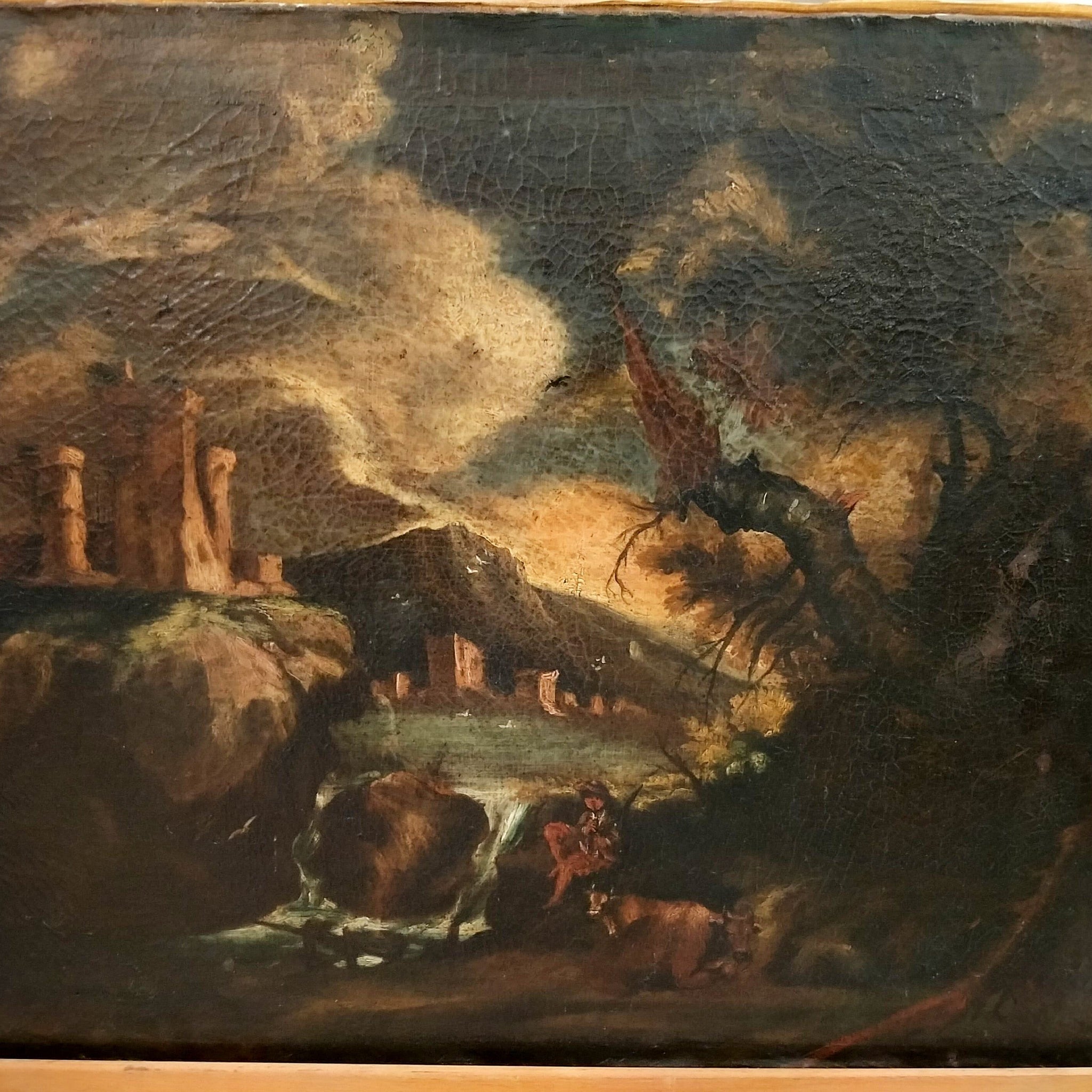 Olio su tela italiano del 1600 paesaggio con torre e lago 