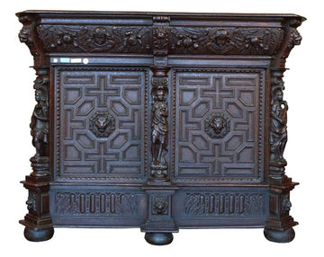 Antique, richly carved German oak sideboard from the 1600s