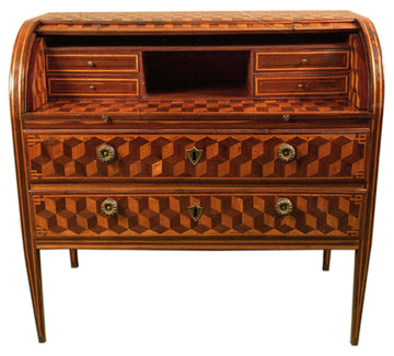 Bureau à roulettes ancien en noyer et érable avec marquetterie des années 1700