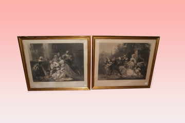 Paire de belles gravures anciennes françaises des années 1800 avec personnages