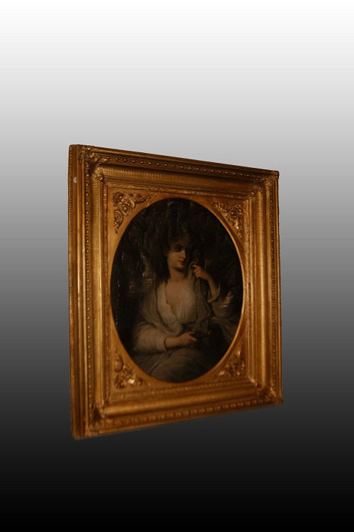 Splendido antico ritratto di nobile fanciulla francese del 1800 olio