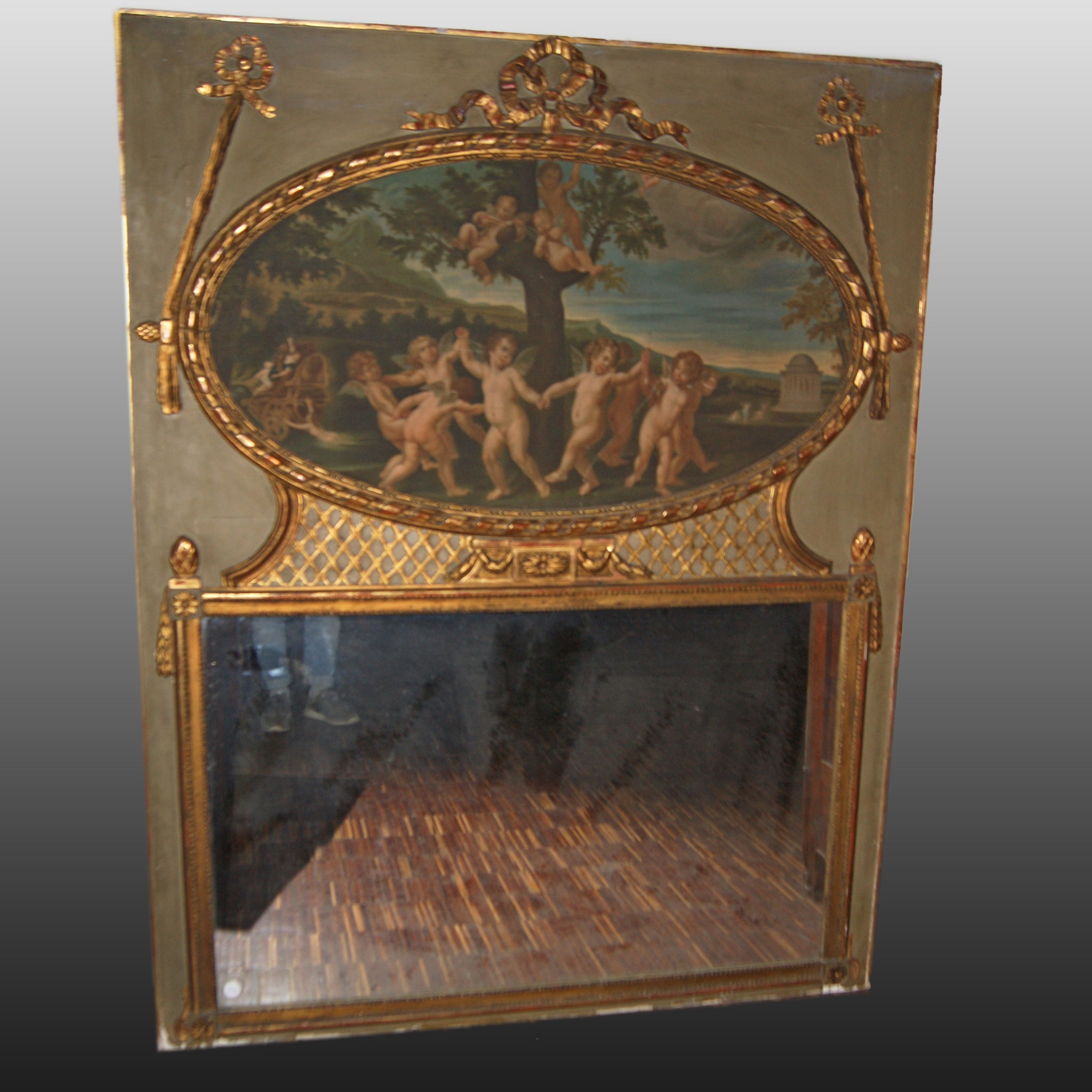 Bellissima grande caminiera francese antica stile Luigi XVI con stupendo dipinto su tela