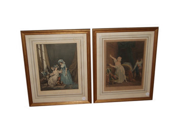 Paire d'estampes françaises des années 1800 à décor de personnages. Impressions couleurs anciennes