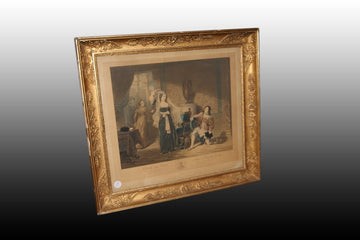 Coppia di stampe a colori inglesi del 1800 raffigurante scene di interno con personaggi