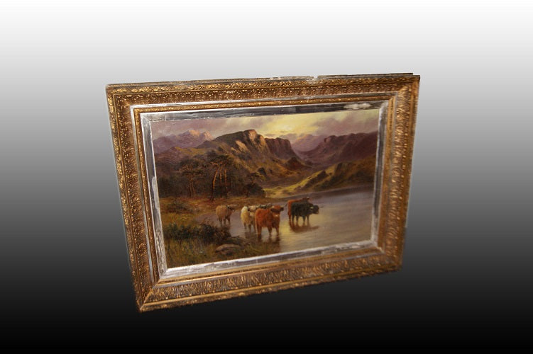 Olio su tela inglese del 1800 Paesaggio altopiani scozzesi con Buoi Highlander