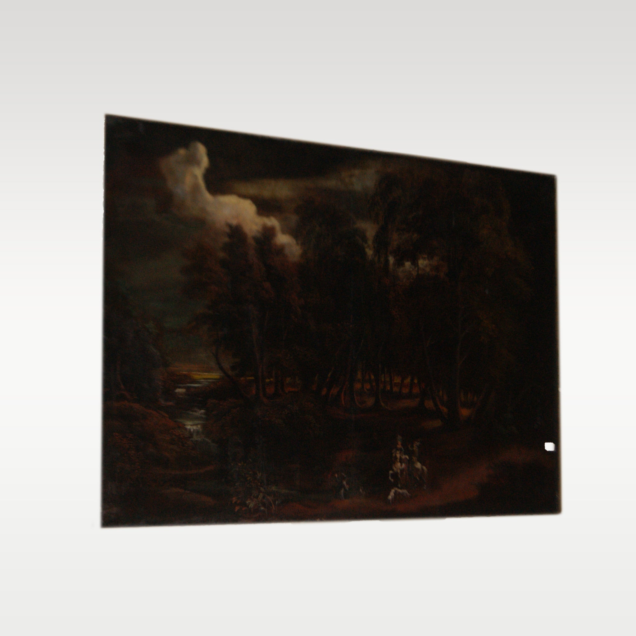 Maestoso olio su tela 2.5 metri raffigurante paesaggio con personaggi al tramonto italiano del 1700