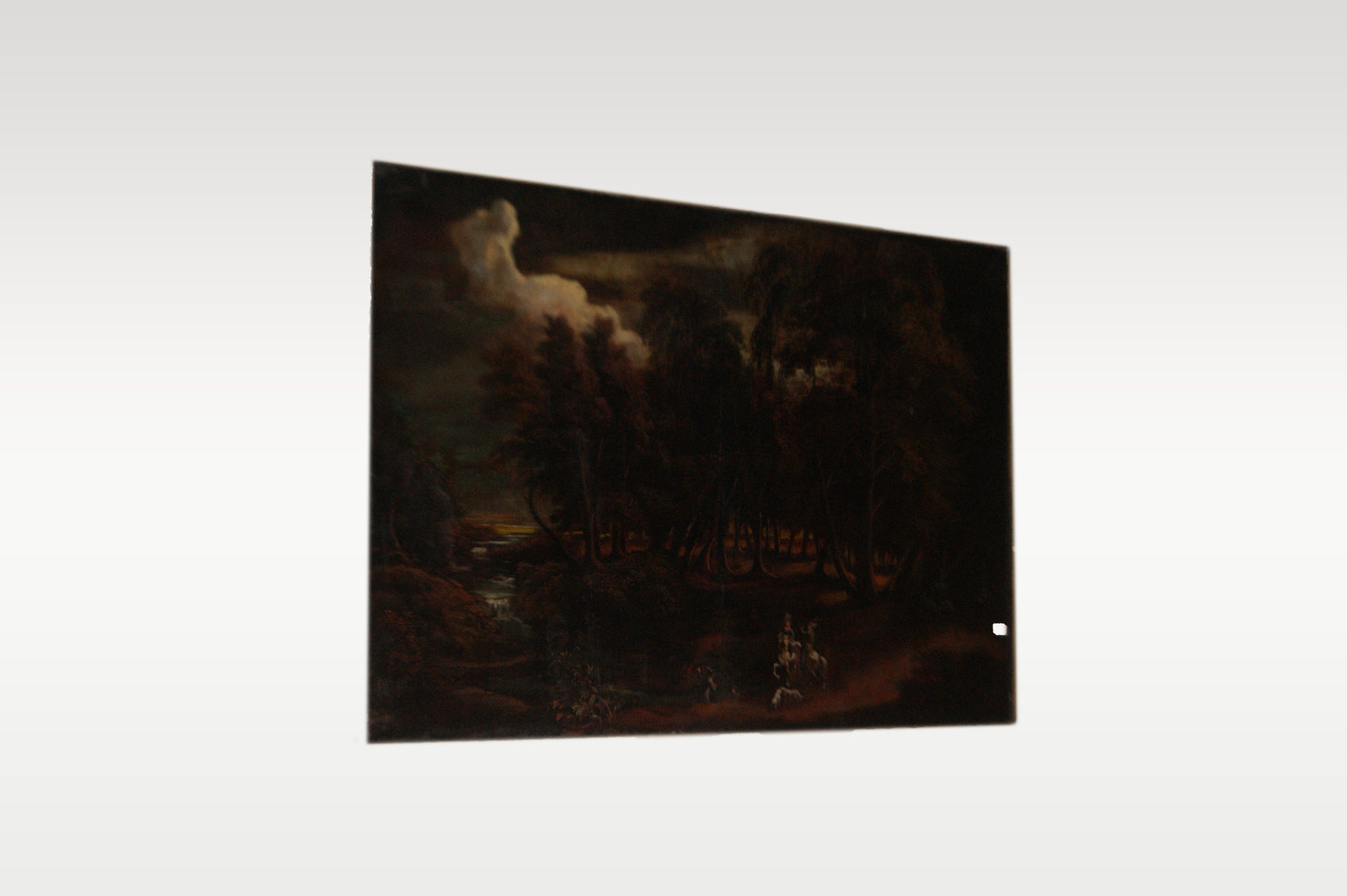 Maestoso olio su tela 2.5 metri raffigurante paesaggio con personaggi al tramonto italiano del 1700