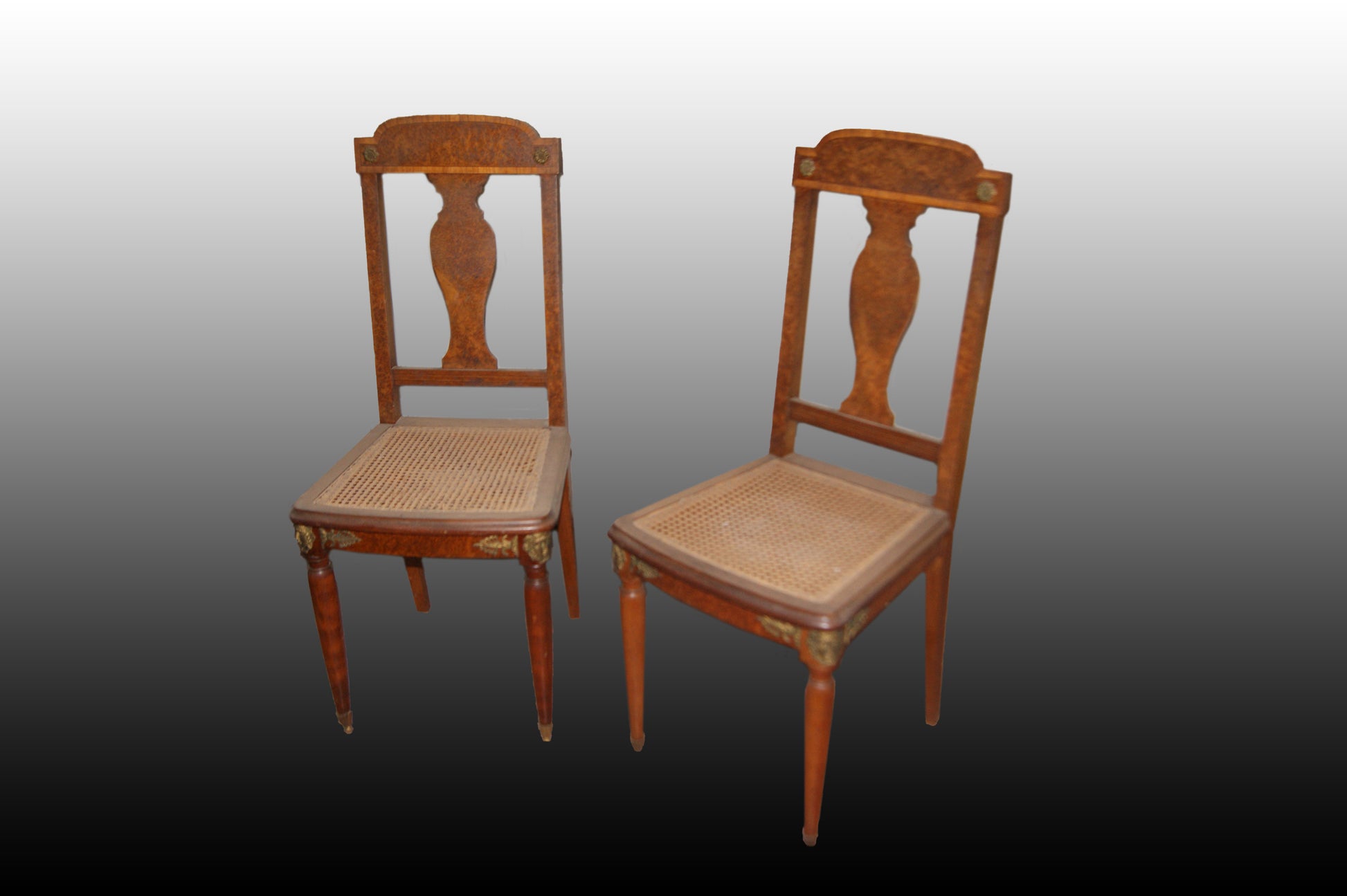 Gruppo si 6 sedie francesi stile Impero del 1800 con ricchi bronzi e radica
