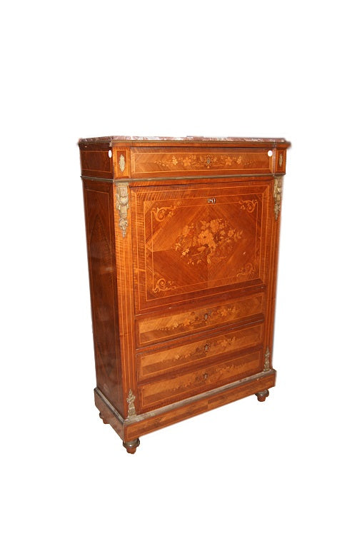 Secretaire francese stile Luigi XVI in legno di bois de rose del 1800 con marmo e intarsi