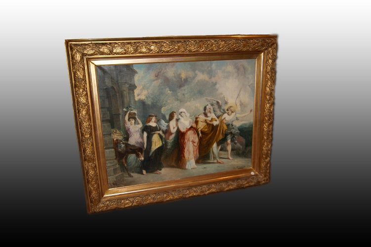 Stupendo olio su tela "L'entrata della Vergine Maria E San Giuseppe a Betlemme" F. Maury  (1861-1933)