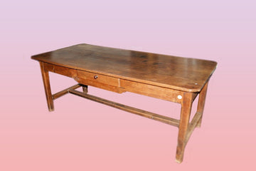 Large rustic table from the early 19th century in walnut wood with drawer