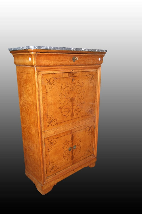 Secretaire francese del 1800 stile Carlo X finemente intarsiato