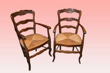 Pair of late 19th century Provençal armchairs in oak wood with carvings