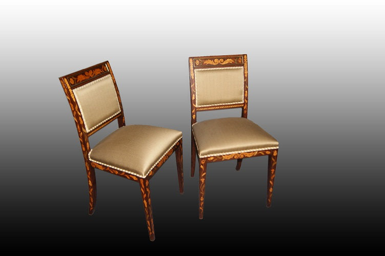 Gruppo di 6 sedie olandesi di fine 1700 inizio 1800 in mogano riccamente intarsiate 