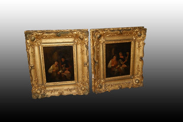 Paire de beaux tableaux représentant des scènes d'intérieur avec des personnages du XVIIIème siècle