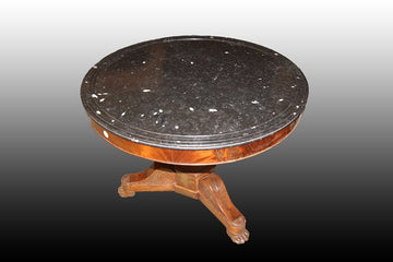 Beautiful Charles X style center table in mahogany wood and mahogany feather with marble top