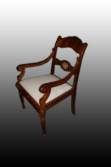 Group of 4 Biedermeier armchairs in mahogany wood with petit point embroidery