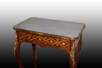 Stunning French side table from the 1800s in Louis XV style with marble, bronzes and inlays