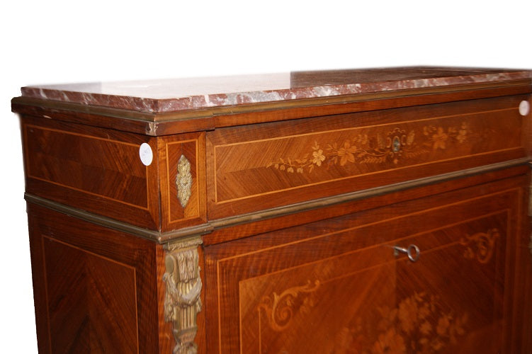 Secretaire francese stile Luigi XVI in legno di bois de rose del 1800 con marmo e intarsi