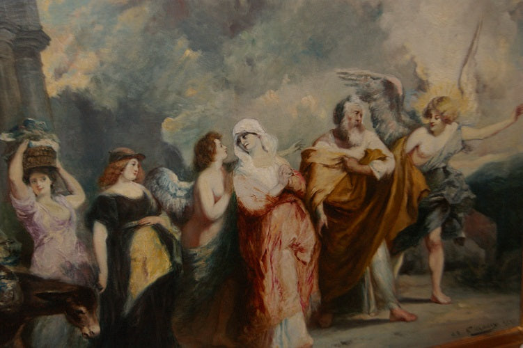 Stupendo olio su tela "L'entrata della Vergine Maria E San Giuseppe a Betlemme" F. Maury  (1861-1933)