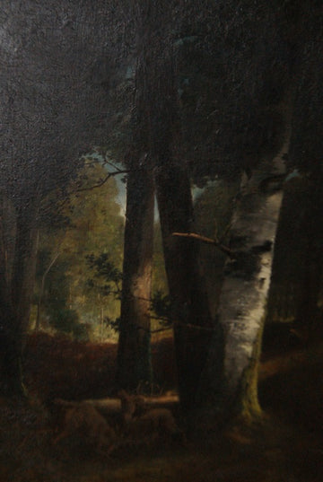 Huile sur toile française de 1800 représentant une forêt avec un couple de cerfs