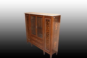 Display Cabinet with 4 French doors in richly inlaid mahogany wood and with marble top