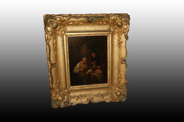 Paire de beaux tableaux représentant des scènes d'intérieur avec des personnages du XVIIIème siècle